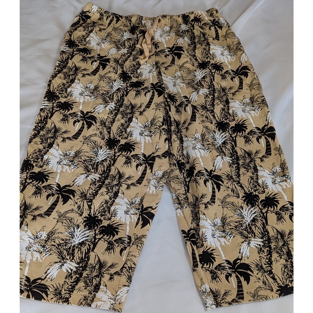 Onque Woman Cropped Pants Women 1X Tan Excellent Tropical Palm Tree Cotton Knit